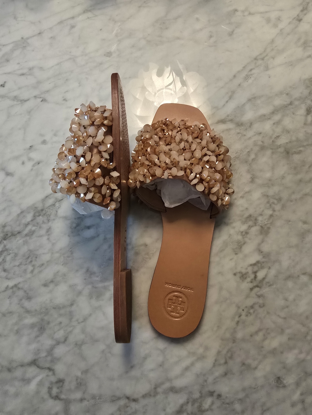 Tory Burch Beige Embellished Slide Sandals - Picture 3 of 4